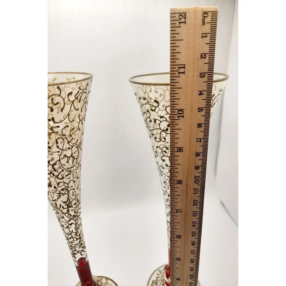 Pier 1 Fluted Champagne Glasses P1C8 Gold Filigree Red Stem Set of 2 Vintage